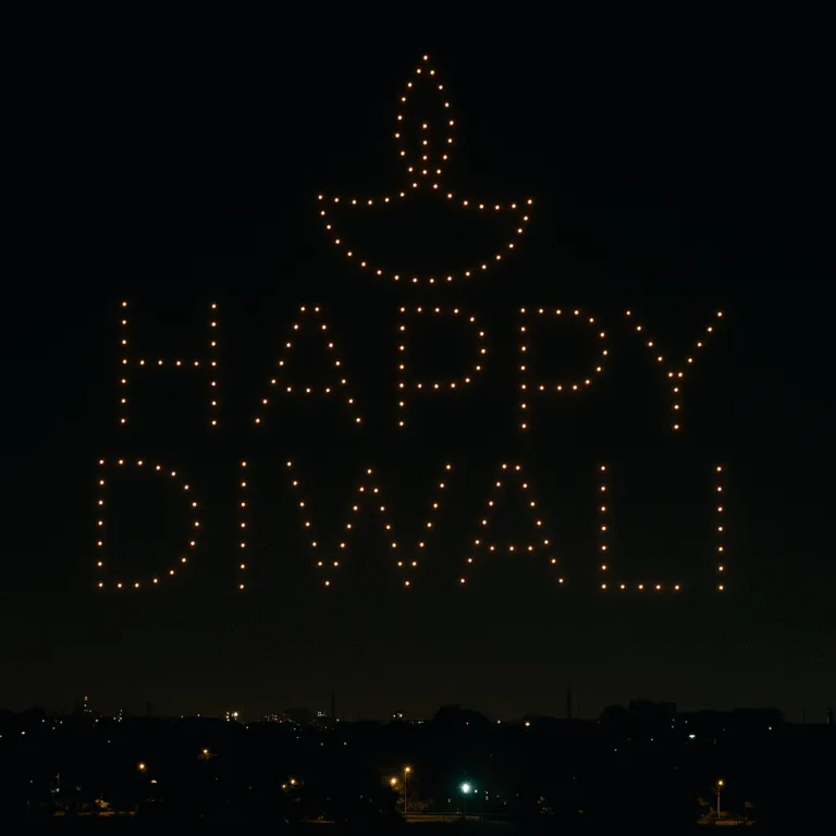 Hundreds of drones light up the night sky with a glowing diya and “Happy Diwali” message — a perfect festival greeting in lights.
