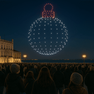 Watch the night sky transform into a giant glowing bauble with a custom Christmas drone show, the ultimate addition to festive events.