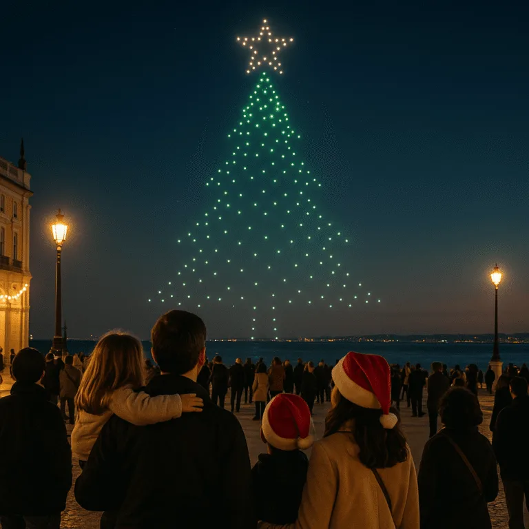 Drones form a glowing Christmas tree in the night sky, the perfect showpiece for Christmas markets, city celebrations, and holiday light switch-ons.