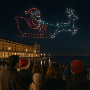 A fleet of drones lights up the night sky with Santa and his sleigh, creating the ultimate Christmas spectacle for light switch-ons and festive events.