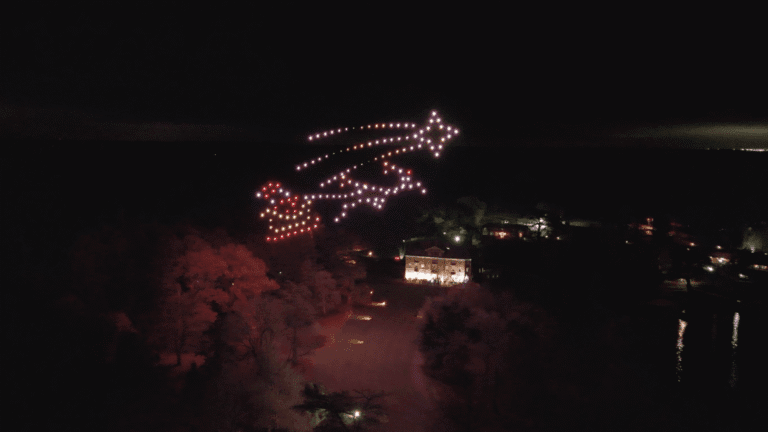 Santa formed by red drones above Brocket Hall