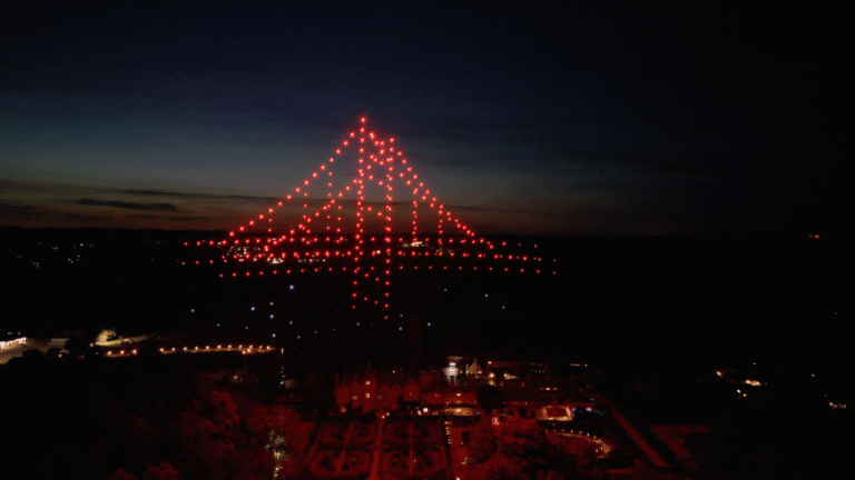 Golden Gate Bridge formed by red drones