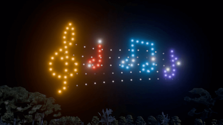 Stock drone show animation synchronised precisely to music